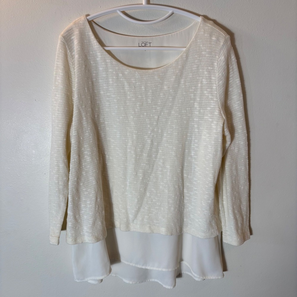 Ann Taylor LOFT Womens Cream Mixed Media Split Back Layered Sweater Top Medium